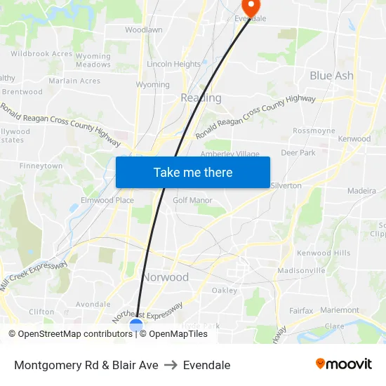 Montgomery Rd & Blair Ave to Evendale map