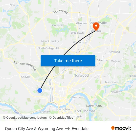 Queen City Ave & Wyoming Ave to Evendale map