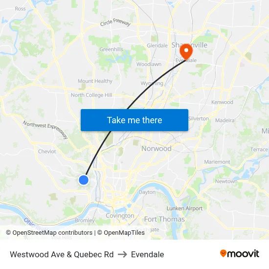 Westwood Ave & Quebec Rd to Evendale map