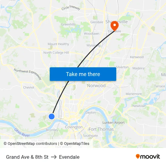 Grand Ave & 8th St to Evendale map