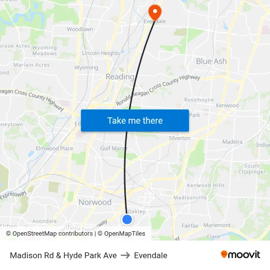 Madison Rd & Hyde Park Ave to Evendale map