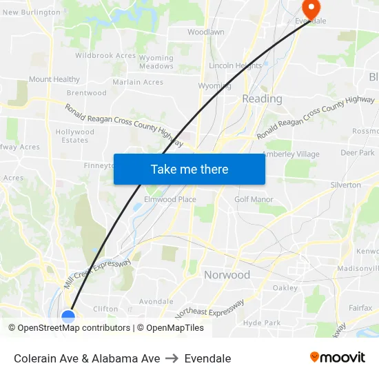 Colerain Ave & Alabama Ave to Evendale map