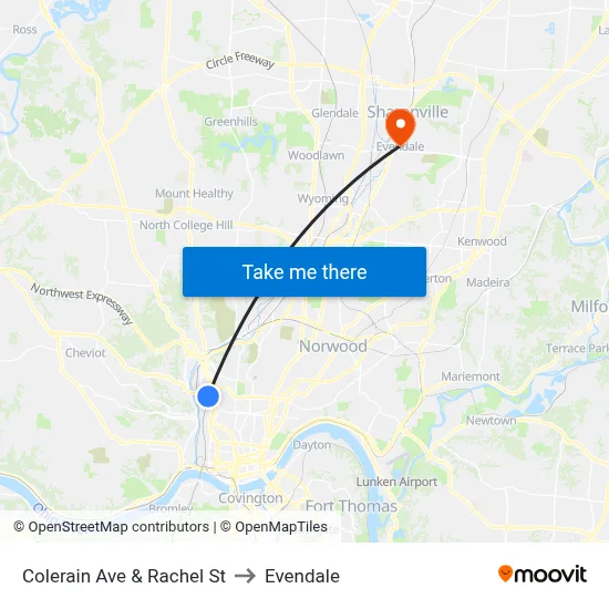 Colerain Ave & Rachel St to Evendale map