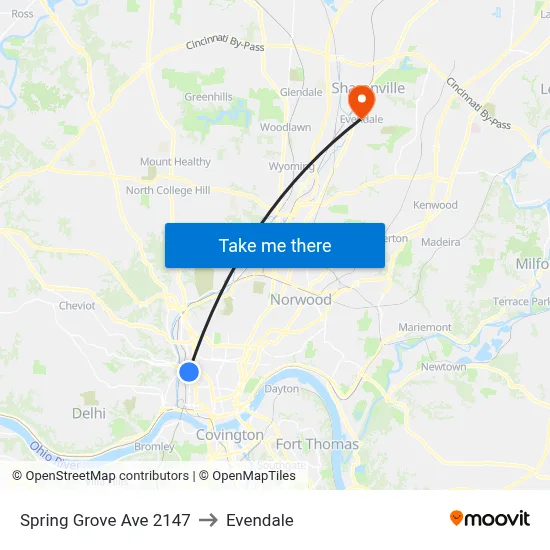 Spring Grove Ave 2147 to Evendale map