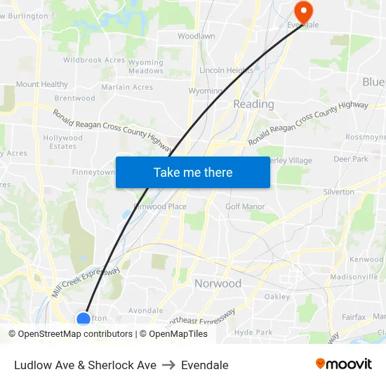 Ludlow Ave & Sherlock Ave to Evendale map