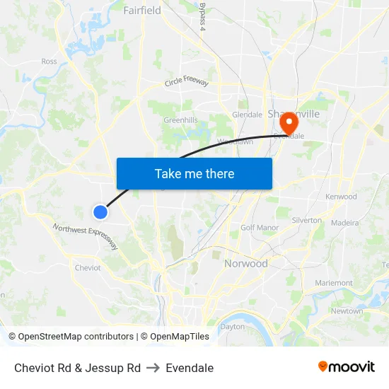 Cheviot Rd & Jessup Rd to Evendale map