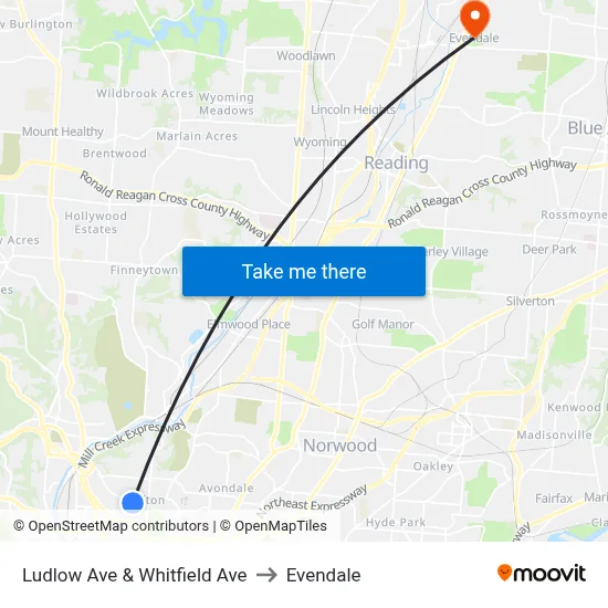 Ludlow Ave & Whitfield Ave to Evendale map