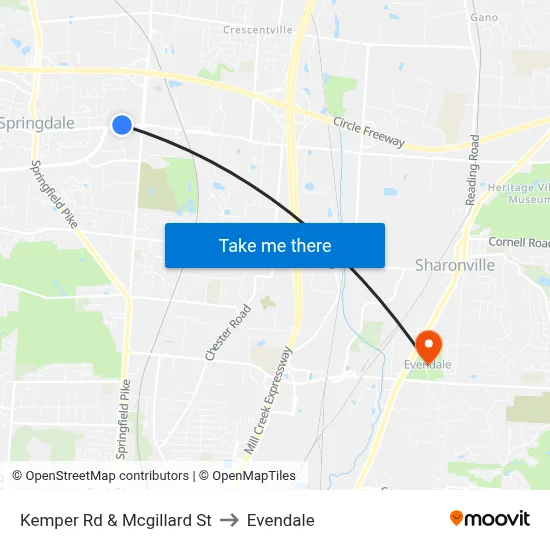 Kemper Rd & Mcgillard St to Evendale map
