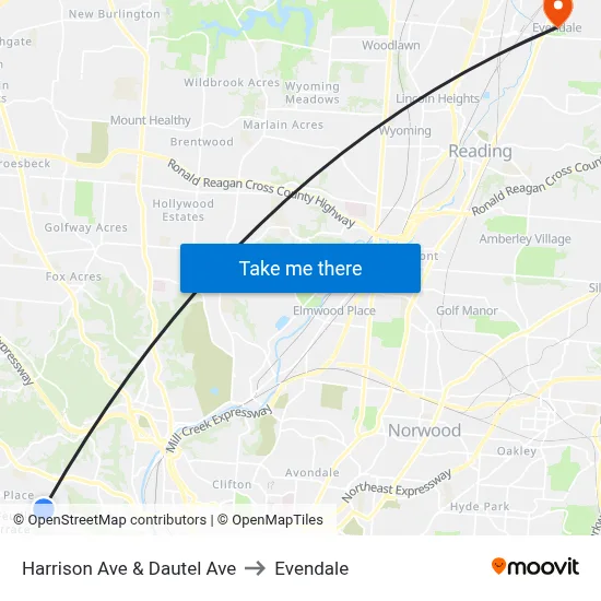 Harrison Ave & Dautel Ave to Evendale map