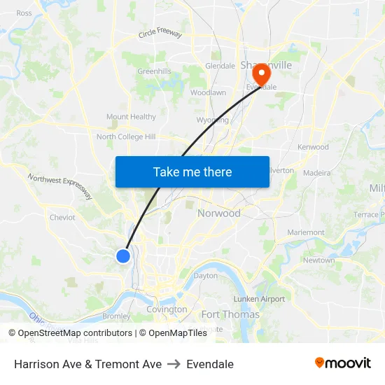 Harrison Ave & Tremont Ave to Evendale map