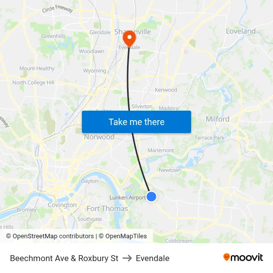 Beechmont Ave & Roxbury St to Evendale map