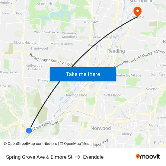 Spring Grove Ave & Elmore St to Evendale map