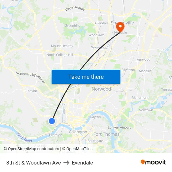 8th St & Woodlawn Ave to Evendale map
