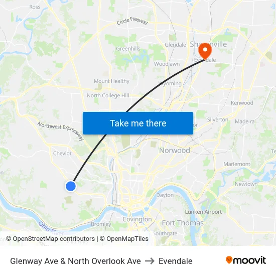 Glenway Ave & North Overlook Ave to Evendale map