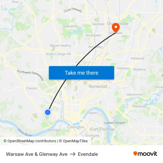 Warsaw Ave & Glenway Ave to Evendale map