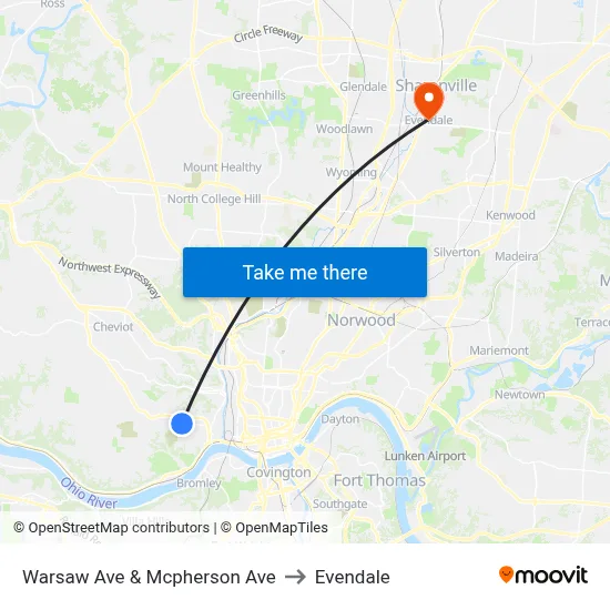 Warsaw Ave & Mcpherson Ave to Evendale map