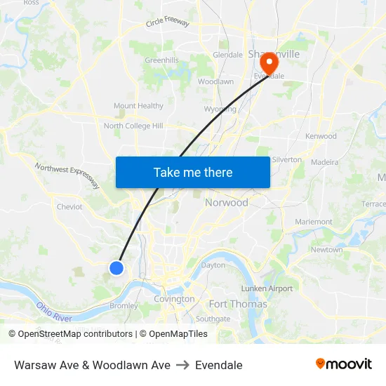 Warsaw Ave & Woodlawn Ave to Evendale map