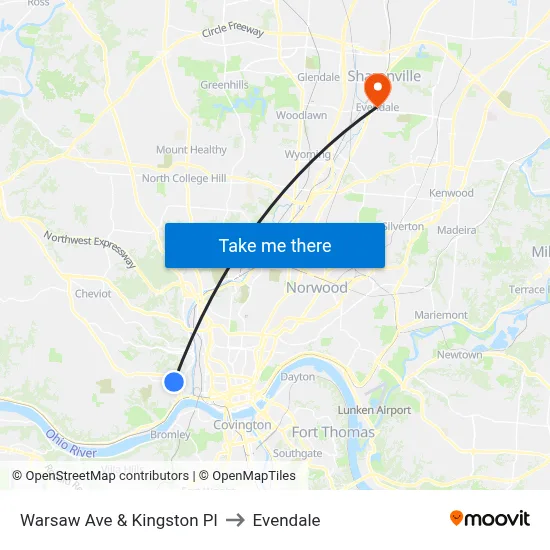 Warsaw Ave & Kingston Pl to Evendale map