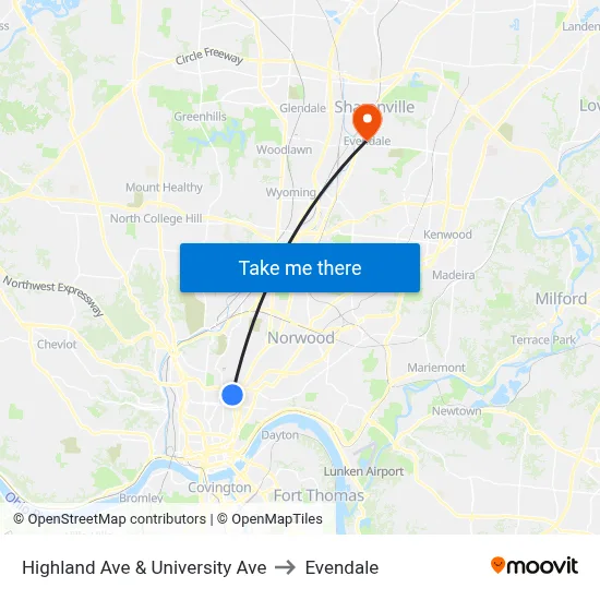 Highland Ave & University Ave to Evendale map