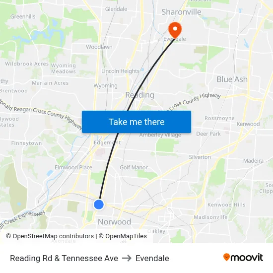 Reading Rd & Tennessee Ave to Evendale map