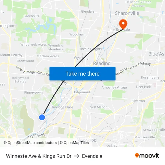 Winneste Ave & Kings Run Dr to Evendale map
