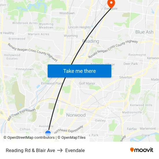 Reading Rd & Blair Ave to Evendale map