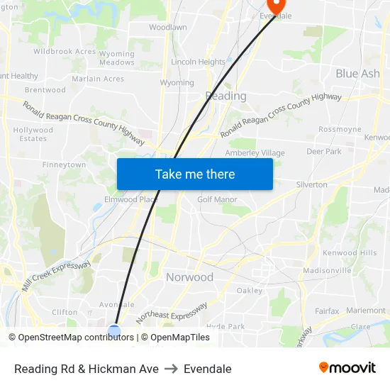 Reading Rd & Hickman Ave to Evendale map