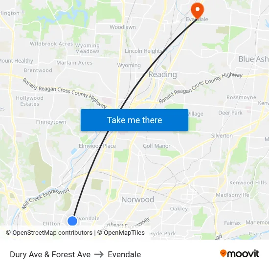 Dury Ave & Forest Ave to Evendale map