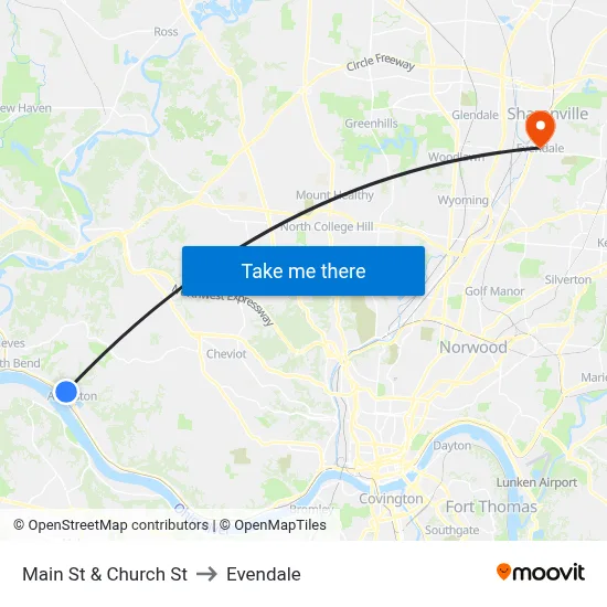 Main St & Church St to Evendale map