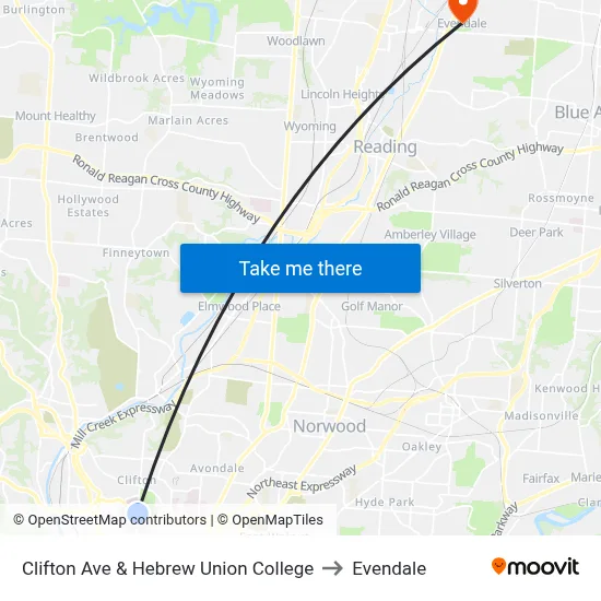 Clifton Ave & Hebrew Union College to Evendale map
