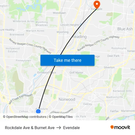 Rockdale Ave & Burnet Ave to Evendale map