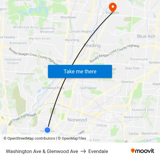 Washington Ave & Glenwood Ave to Evendale map