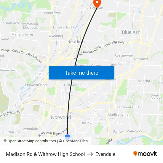 Madison Rd & Withrow High School to Evendale map