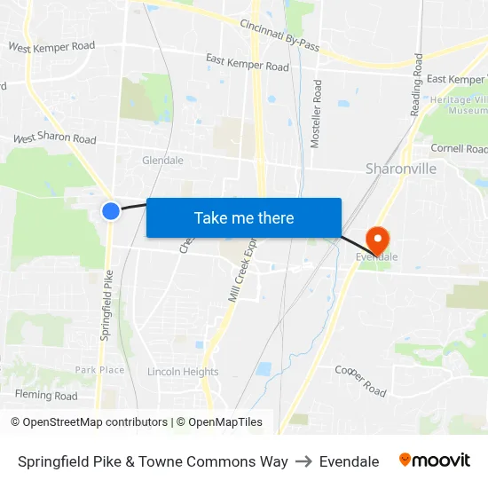Springfield Pike & Towne Commons Way to Evendale map