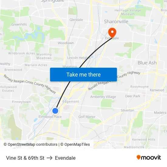 Vine St & 69th St to Evendale map