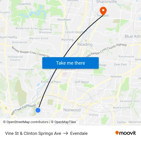 Vine St & Clinton Springs Ave to Evendale map