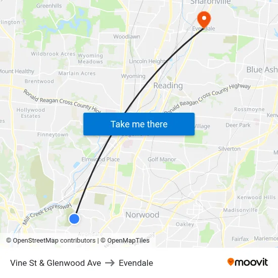 Vine St & Glenwood Ave to Evendale map