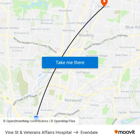Vine St & Veterans Affairs Hospital to Evendale map