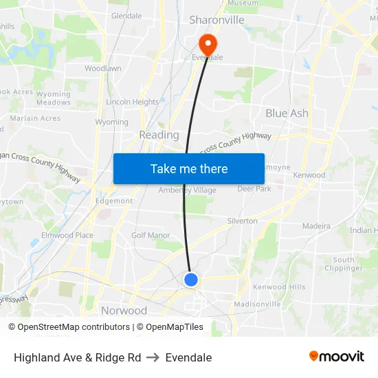 Highland Ave & Ridge Rd to Evendale map