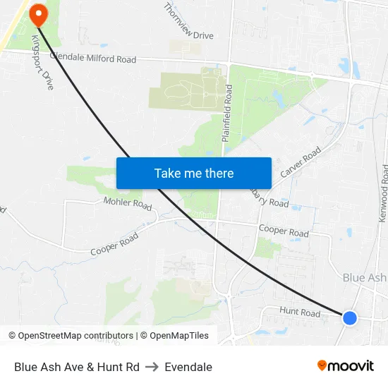Blue Ash Ave & Hunt Rd to Evendale map