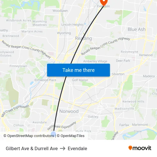 Gilbert Ave & Durrell Ave to Evendale map