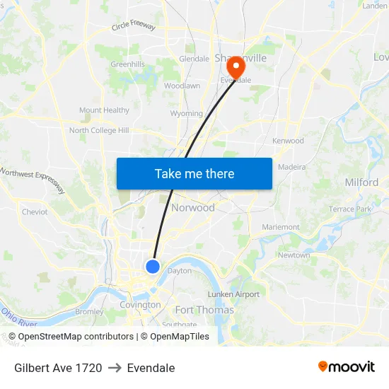 Gilbert Ave 1720 to Evendale map