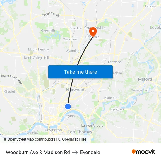 Woodburn Ave & Madison Rd to Evendale map