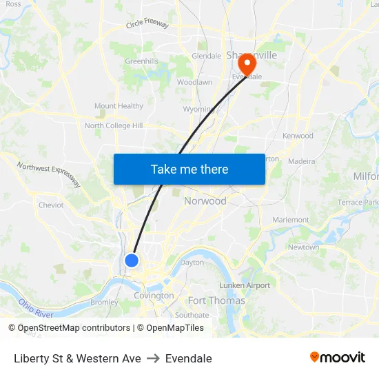 Liberty St & Western Ave to Evendale map