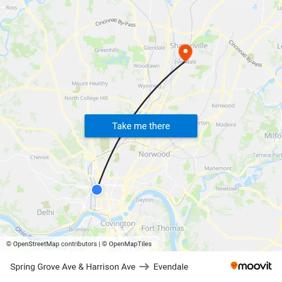 Spring Grove Ave & Harrison Ave to Evendale map