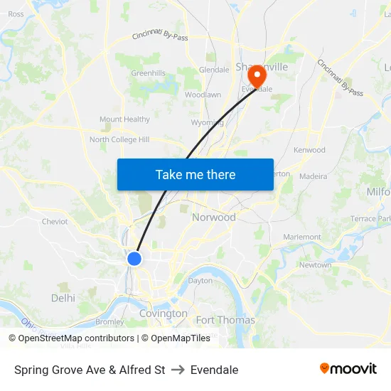 Spring Grove Ave & Alfred St to Evendale map