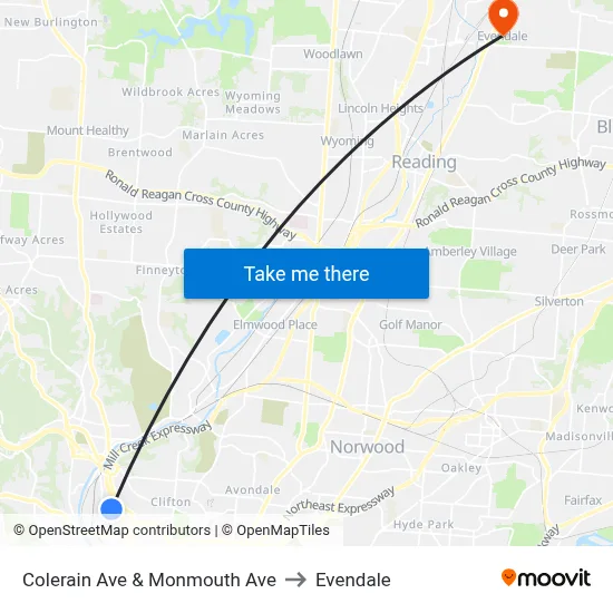Colerain Ave & Monmouth Ave to Evendale map