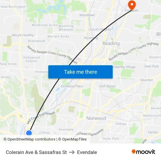 Colerain Ave & Sassafras St to Evendale map