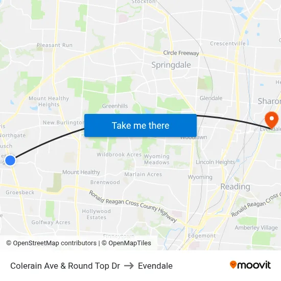 Colerain Ave & Round Top Dr to Evendale map