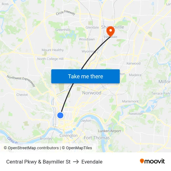 Central Pkwy & Baymiller St to Evendale map